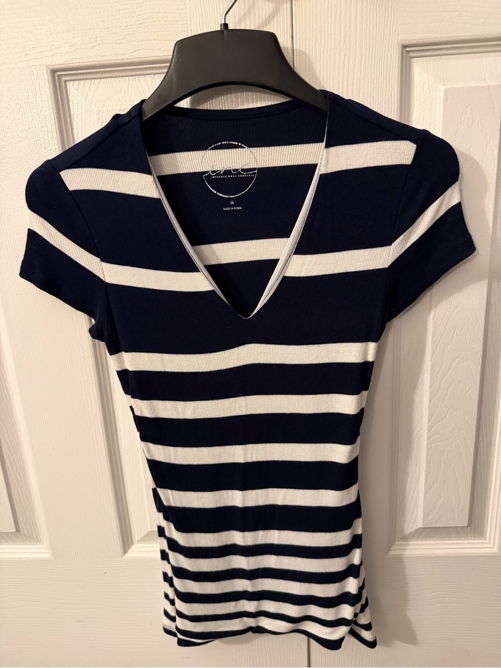INC International Concepts Navy and White Striped V-Neck Short Sleeve Top